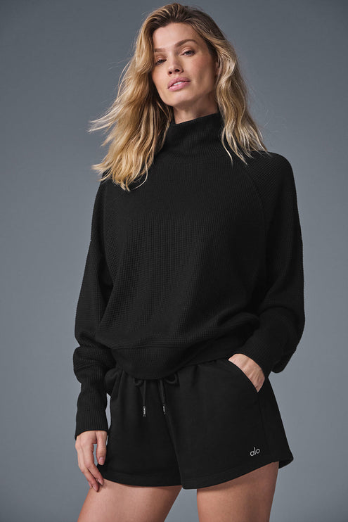 alo Women's Waffle Weekend Escape Mock Neck Long Sleeve - Black