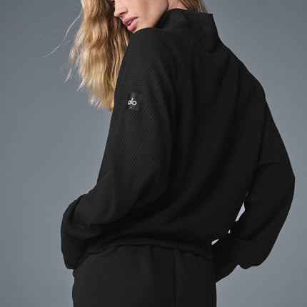 alo Women's Waffle Weekend Escape Mock Neck Long Sleeve - Black