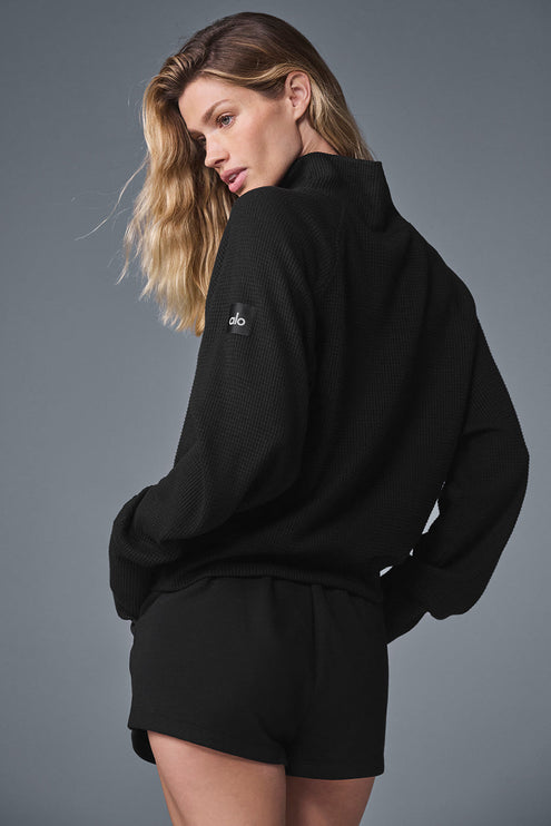 alo Women's Waffle Weekend Escape Mock Neck Long Sleeve - Black