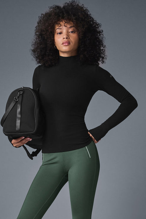alo Women's Wellness Rib Mock Neck Long Sleeve - Black