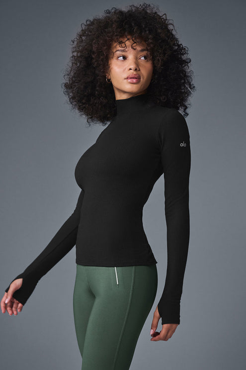 alo Women's Wellness Rib Mock Neck Long Sleeve - Black