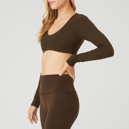 alo Women's Ribbed Defined Long Sleeve Bra - Espresso