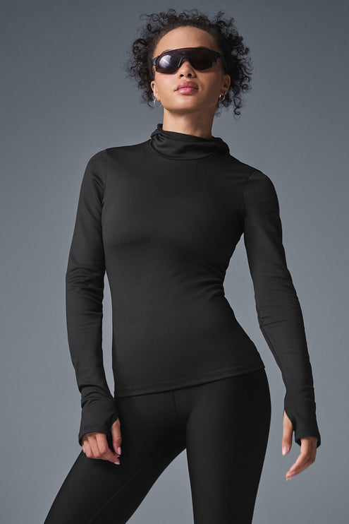 alo Women's Airlift Winter Warm Hooded Runner - Black