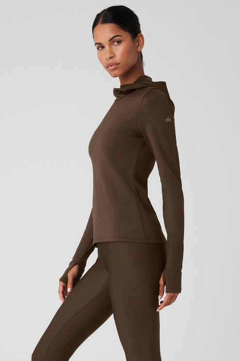 alo Women's Airlift Winter Warm Hooded Runner - Espresso