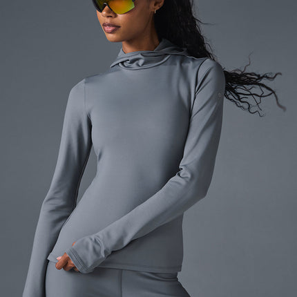 alo Women's Airlift Winter Warm Hooded Runner - Steel Grey