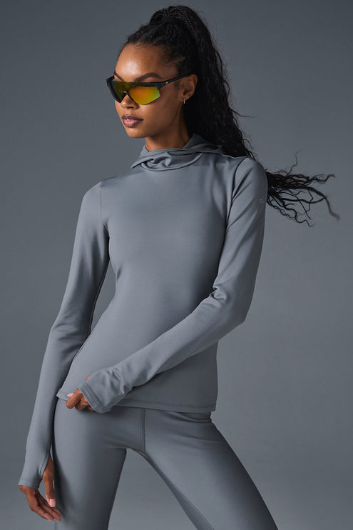 alo Women's Airlift Winter Warm Hooded Runner - Steel Grey