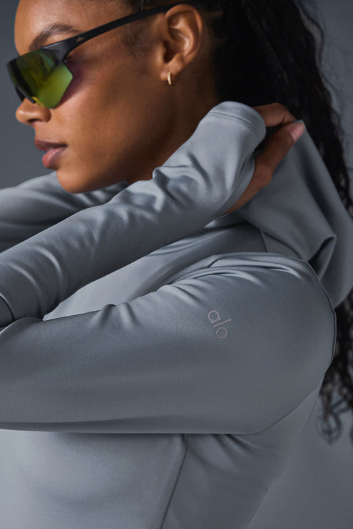 alo Women's Airlift Winter Warm Hooded Runner - Steel Grey