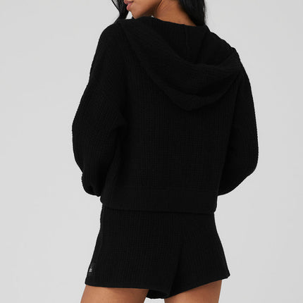 alo Women's Cashmere Plush Waffle Full Zip Hoodie - Black