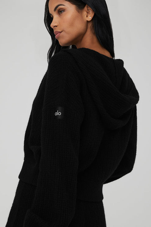 alo Women's Cashmere Plush Waffle Full Zip Hoodie - Black