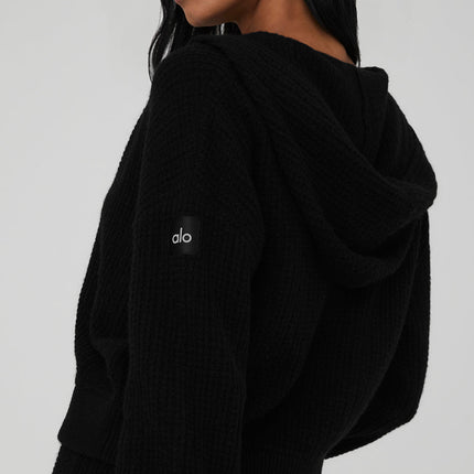 alo Women's Cashmere Plush Waffle Full Zip Hoodie - Black