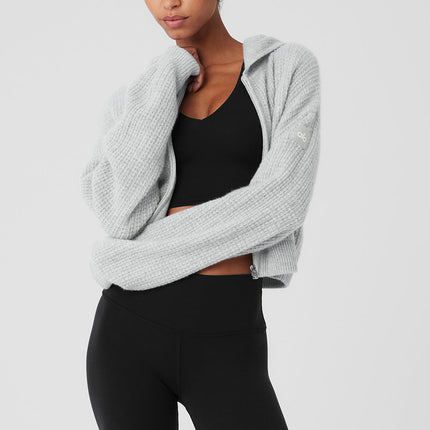 alo Women's Cashmere Plush Waffle Full Zip Hoodie - Athletic Heather Grey