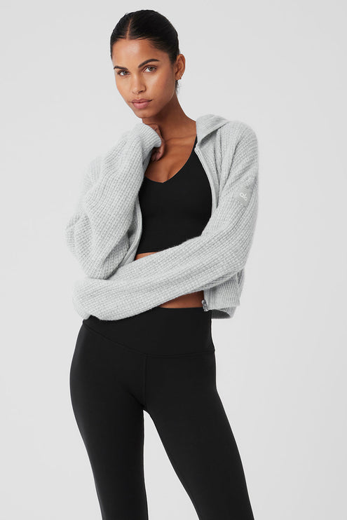 alo Women's Cashmere Plush Waffle Full Zip Hoodie - Athletic Heather Grey