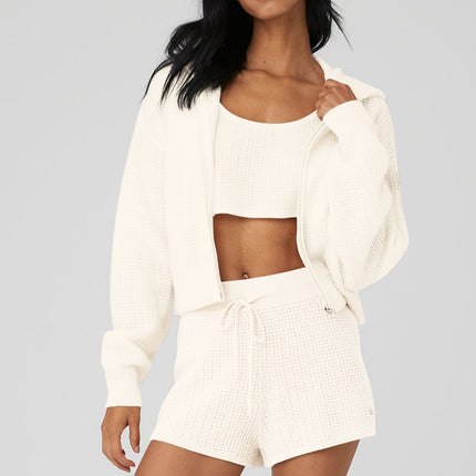 alo Women's Cashmere Plush Waffle Full Zip Hoodie - Ivory