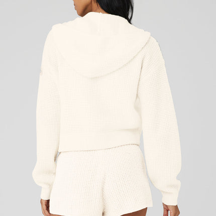 alo Women's Cashmere Plush Waffle Full Zip Hoodie - Ivory