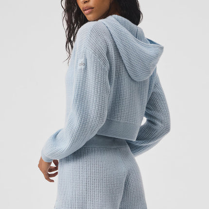 alo Women's Cashmere Plush Waffle Full Zip Hoodie - Crystal Blue