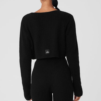 alo Women's Cashmere Plush Waffle Cropped Long Sleeve - Black