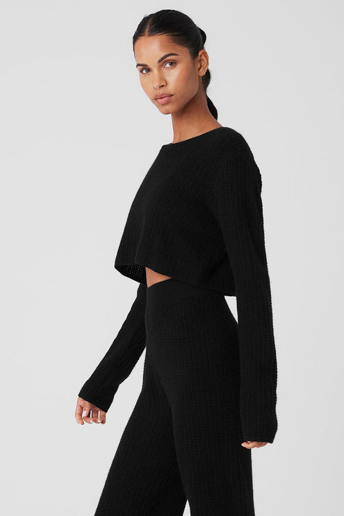 alo Women's Cashmere Plush Waffle Cropped Long Sleeve - Black