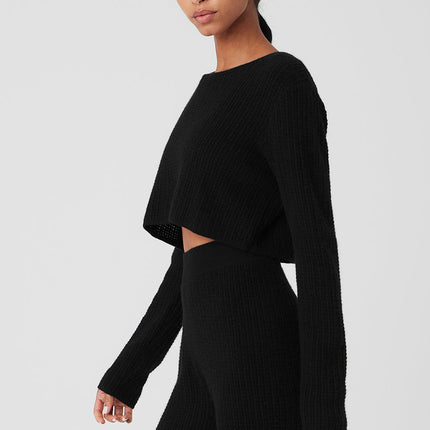 alo Women's Cashmere Plush Waffle Cropped Long Sleeve - Black