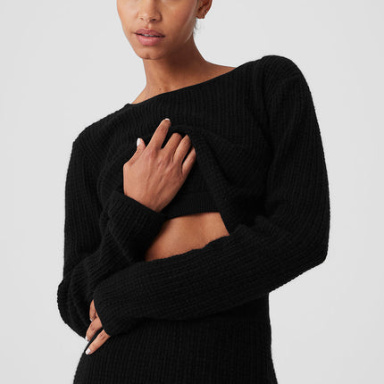 alo Women's Cashmere Plush Waffle Cropped Long Sleeve - Black