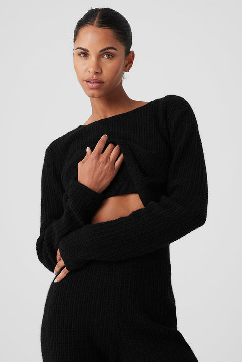alo Women's Cashmere Plush Waffle Cropped Long Sleeve - Black