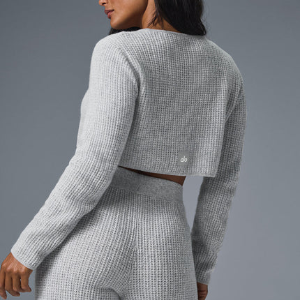 alo Women's Cashmere Plush Waffle Cropped Long Sleeve - Athletic Heather Grey
