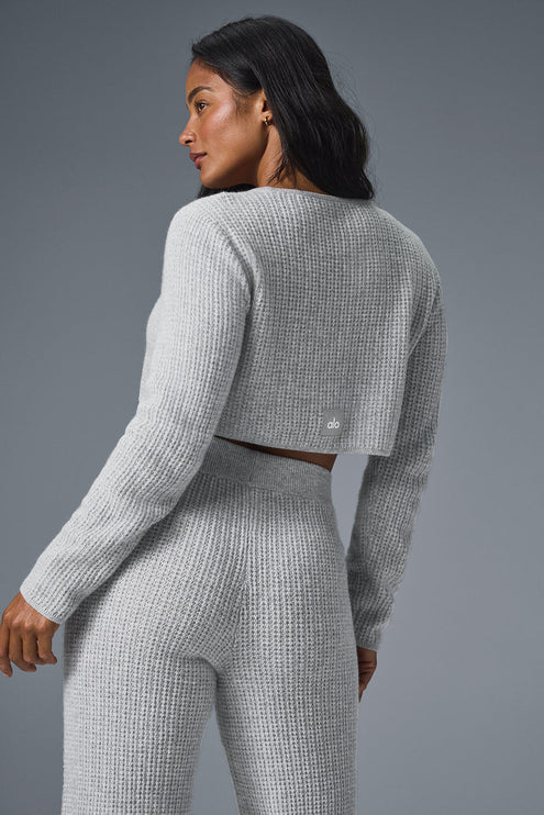alo Women's Cashmere Plush Waffle Cropped Long Sleeve - Athletic Heather Grey