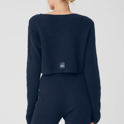alo Women's Cashmere Plush Waffle Cropped Long Sleeve - Navy