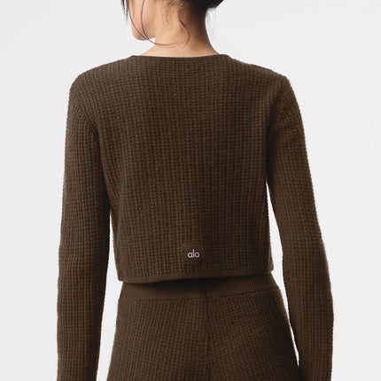 alo Women's Cashmere Plush Waffle Cropped Long Sleeve - Espresso