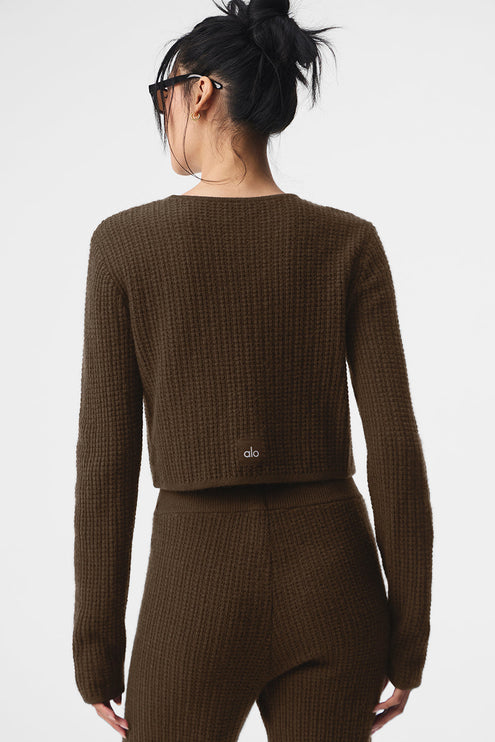 alo Women's Cashmere Plush Waffle Cropped Long Sleeve - Espresso