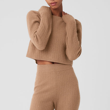 alo Women's Cashmere Plush Waffle Cropped Long Sleeve - Toasted Almond