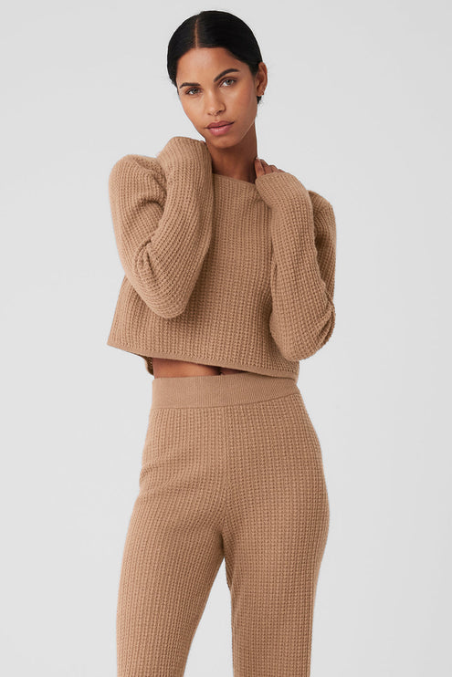 alo Women's Cashmere Plush Waffle Cropped Long Sleeve - Toasted Almond