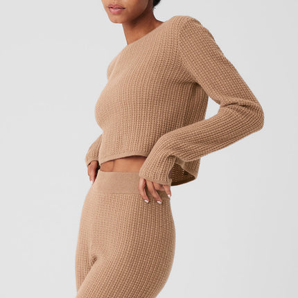 alo Women's Cashmere Plush Waffle Cropped Long Sleeve - Toasted Almond
