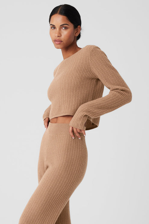 alo Women's Cashmere Plush Waffle Cropped Long Sleeve - Toasted Almond