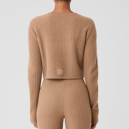 alo Women's Cashmere Plush Waffle Cropped Long Sleeve - Toasted Almond