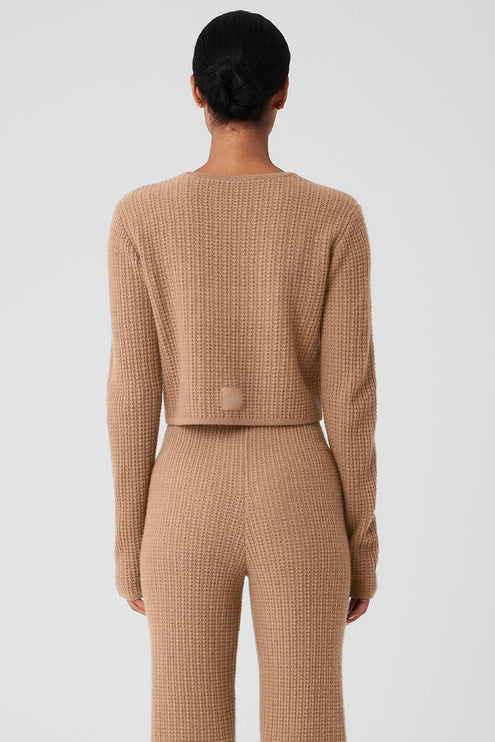 alo Women's Cashmere Plush Waffle Cropped Long Sleeve - Toasted Almond