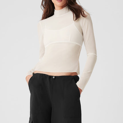alo Women's Mesh Sheer Illusion Mock Neck Long Sleeve - Ivory