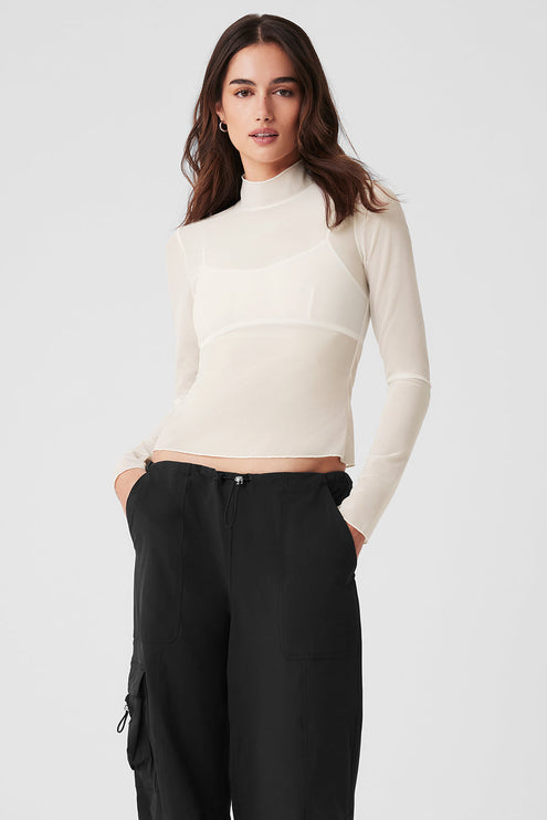alo Women's Mesh Sheer Illusion Mock Neck Long Sleeve - Ivory