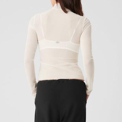 alo Women's Mesh Sheer Illusion Mock Neck Long Sleeve - Ivory