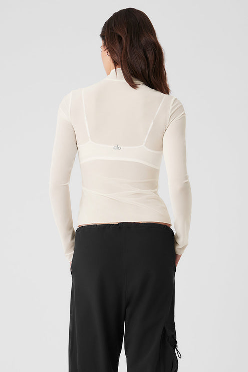 alo Women's Mesh Sheer Illusion Mock Neck Long Sleeve - Ivory