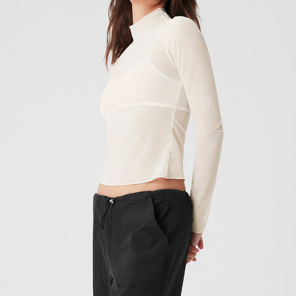 alo Women's Mesh Sheer Illusion Mock Neck Long Sleeve - Ivory
