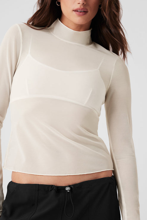 alo Women's Mesh Sheer Illusion Mock Neck Long Sleeve - Ivory