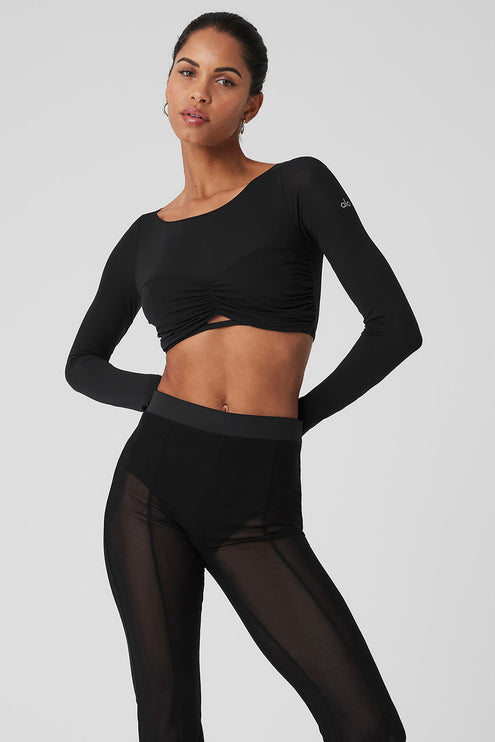 alo Women's Mesh Sheer Illusion Cropped Long Sleeve - Black