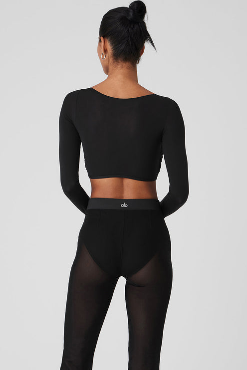 alo Women's Mesh Sheer Illusion Cropped Long Sleeve - Black