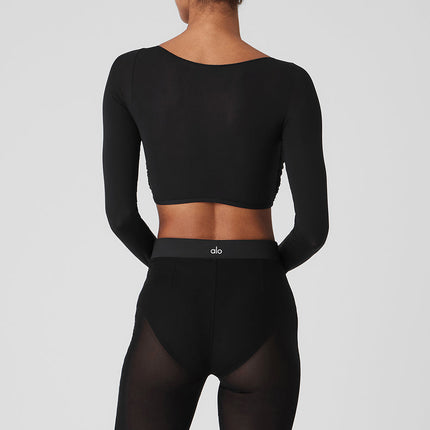 alo Women's Mesh Sheer Illusion Cropped Long Sleeve - Black
