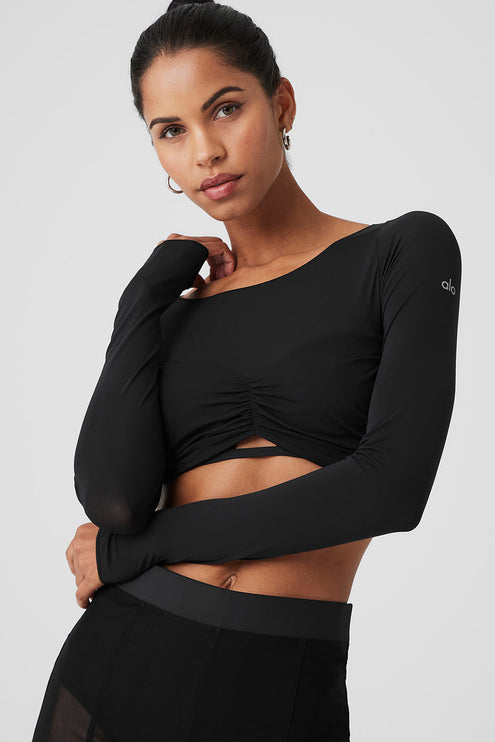 alo Women's Mesh Sheer Illusion Cropped Long Sleeve - Black