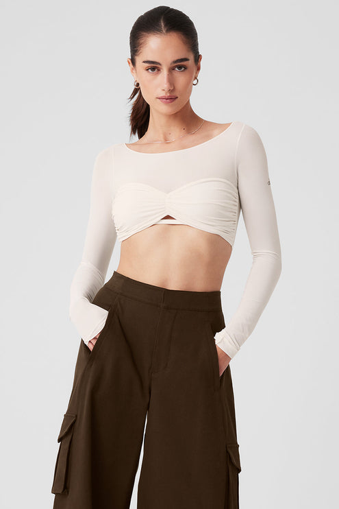 alo Women's Mesh Sheer Illusion Cropped Long Sleeve - Ivory