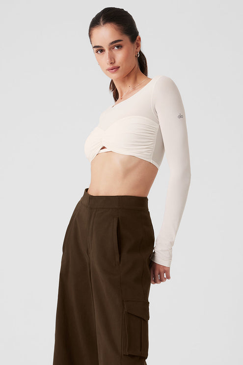 alo Women's Mesh Sheer Illusion Cropped Long Sleeve - Ivory