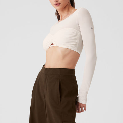 alo Women's Mesh Sheer Illusion Cropped Long Sleeve - Ivory