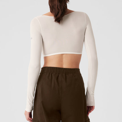 alo Women's Mesh Sheer Illusion Cropped Long Sleeve - Ivory