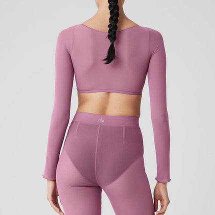 alo Women's Mesh Sheer Illusion Cropped Long Sleeve - Soft Mulberry